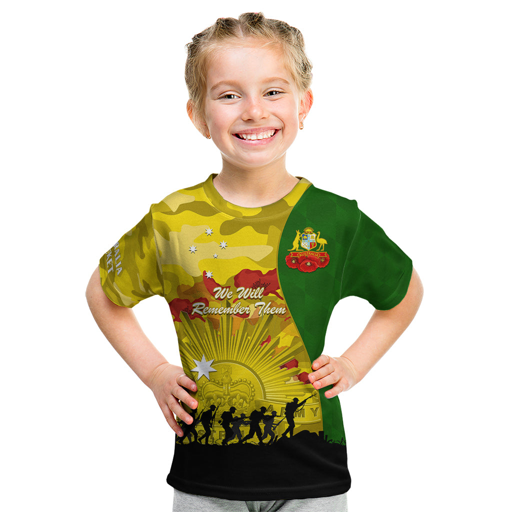 Australia Cricket ANZAC Day 2024 Kid T Shirt Australian Army Camouflage With Poppies