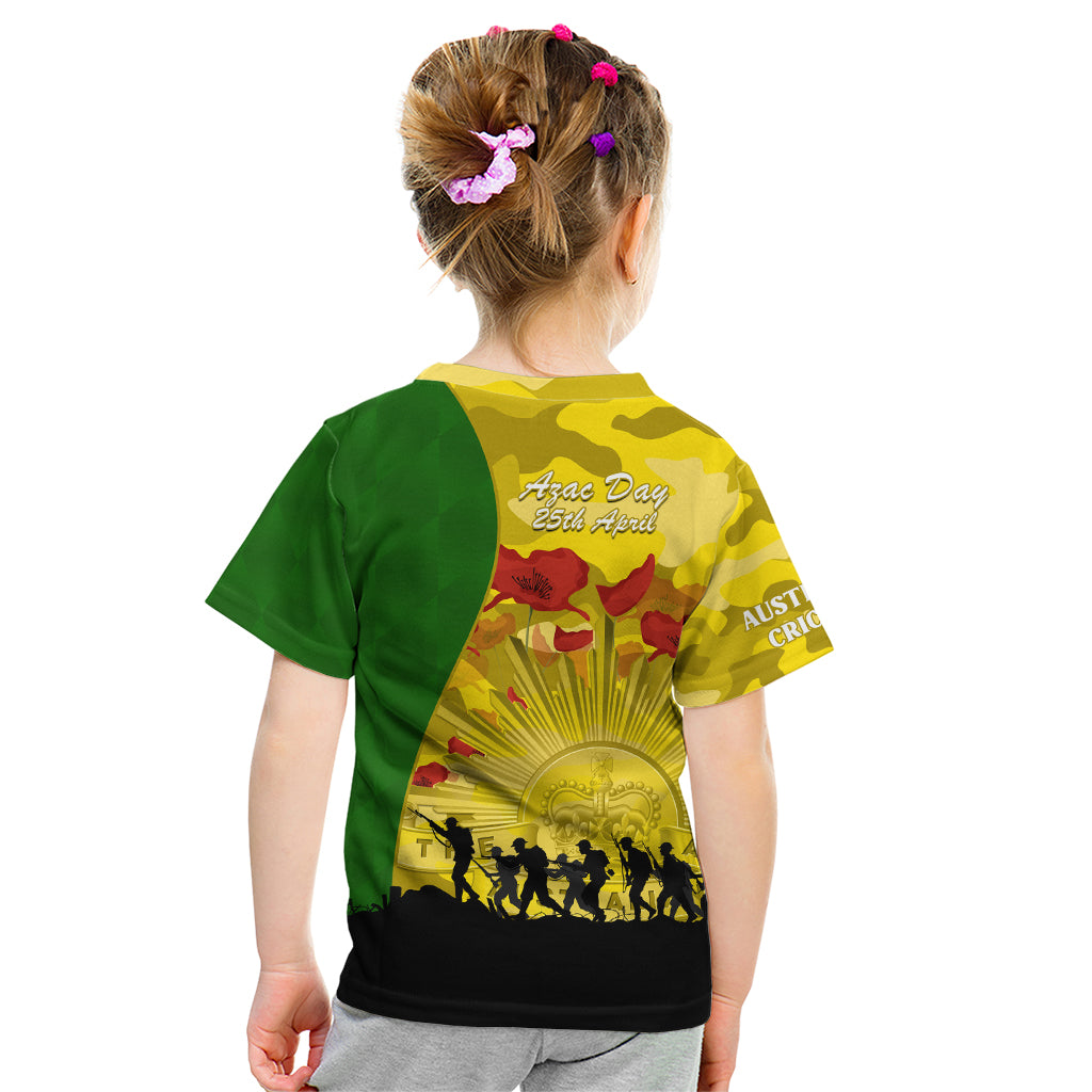 Australia Cricket ANZAC Day 2024 Kid T Shirt Australian Army Camouflage With Poppies