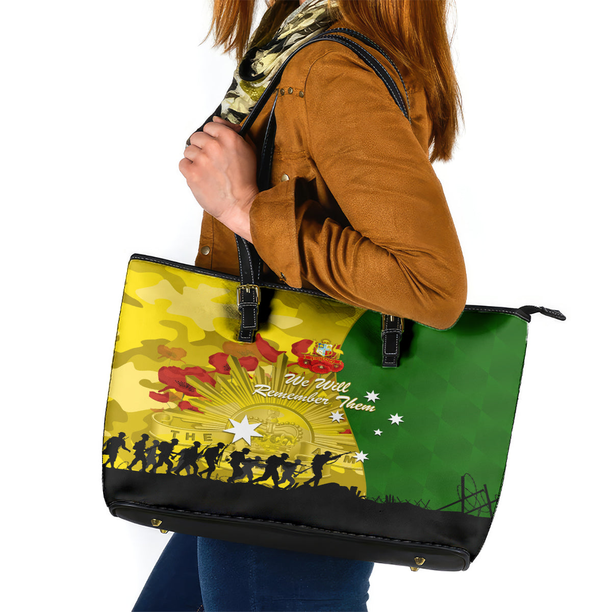 Australia Cricket ANZAC Day 2024 Leather Tote Bag Australian Army Camouflage With Poppies