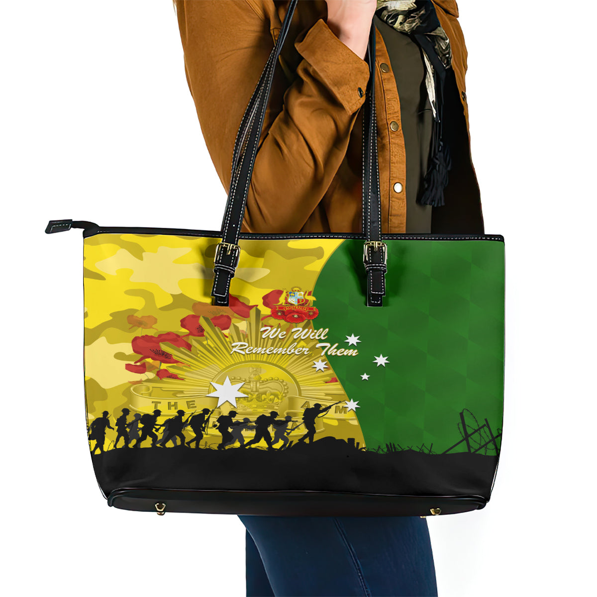 Australia Cricket ANZAC Day 2024 Leather Tote Bag Australian Army Camouflage With Poppies