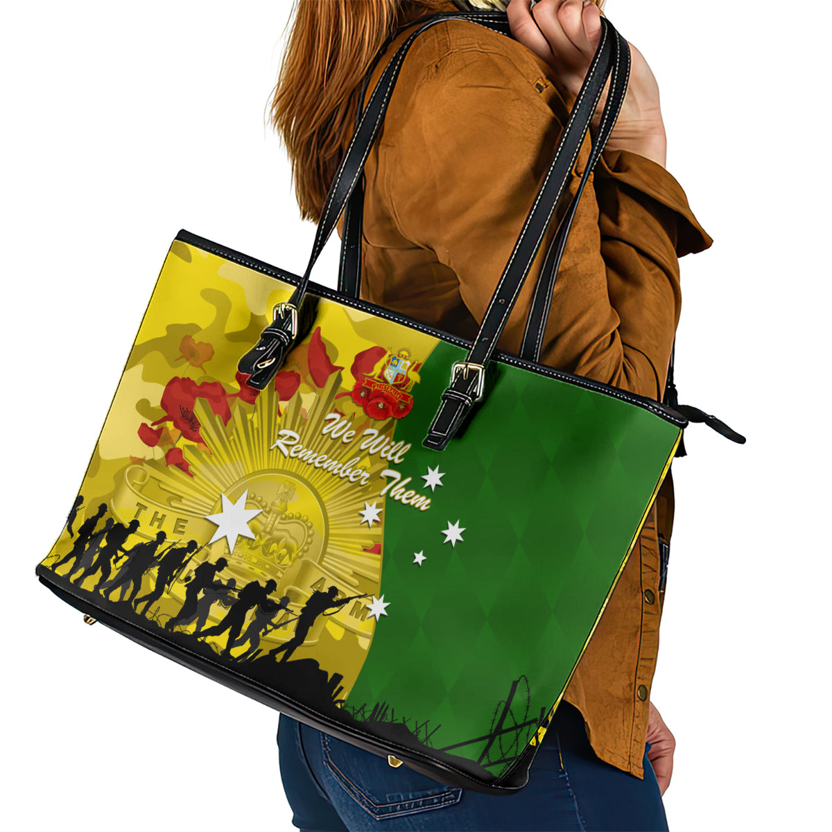 Australia Cricket ANZAC Day 2024 Leather Tote Bag Australian Army Camouflage With Poppies