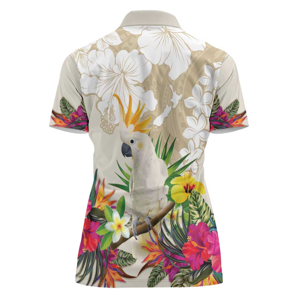 New Zealand Cacatua Galerita Women Polo Shirt Aotearoa Cockatoo Tropical Flowers