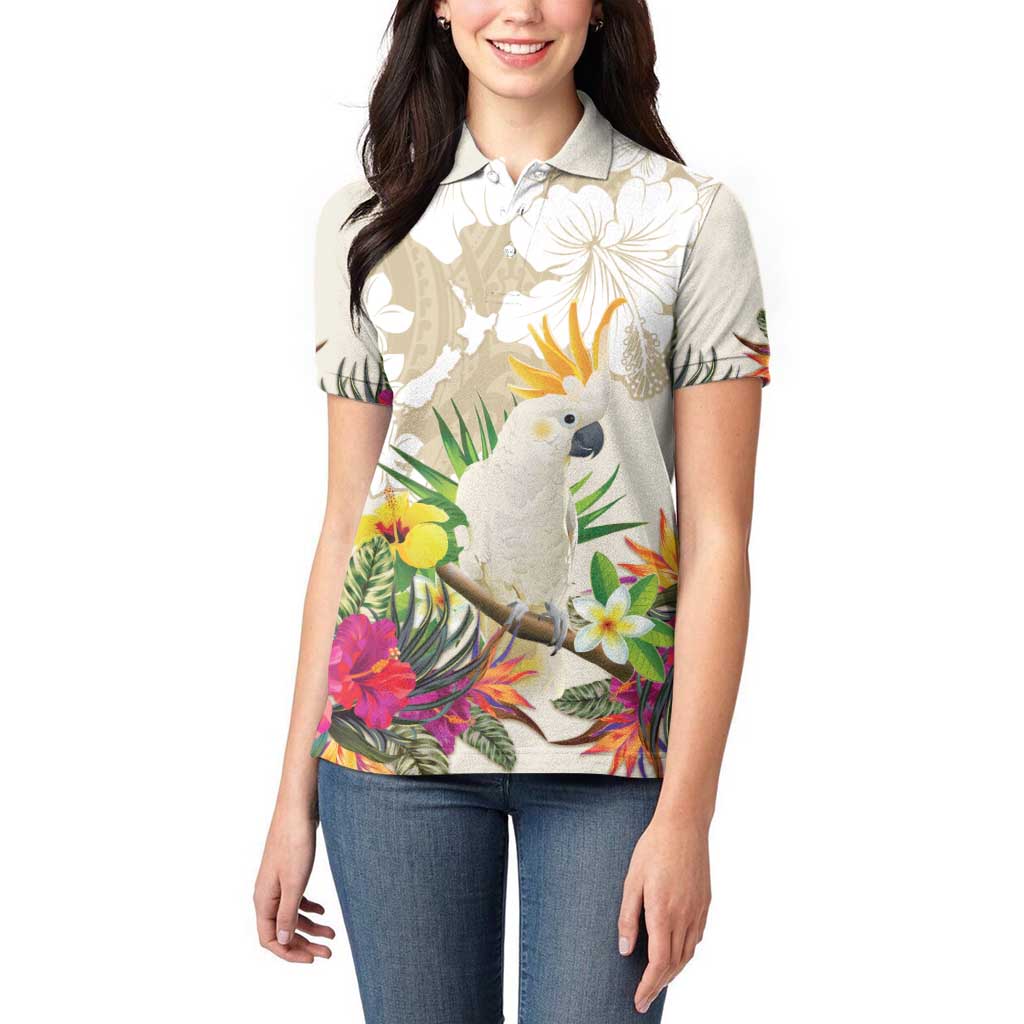 New Zealand Cacatua Galerita Women Polo Shirt Aotearoa Cockatoo Tropical Flowers