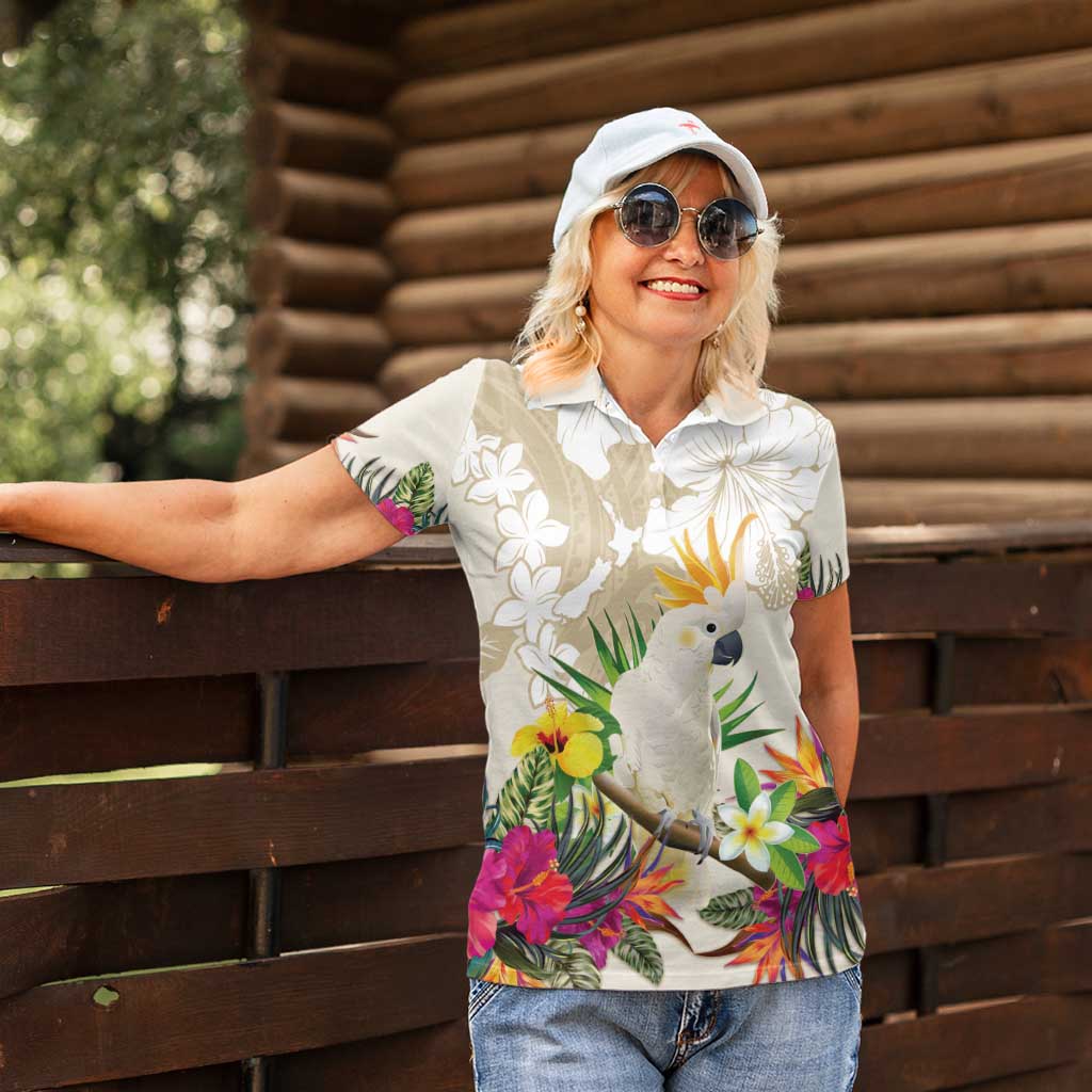 New Zealand Cacatua Galerita Women Polo Shirt Aotearoa Cockatoo Tropical Flowers