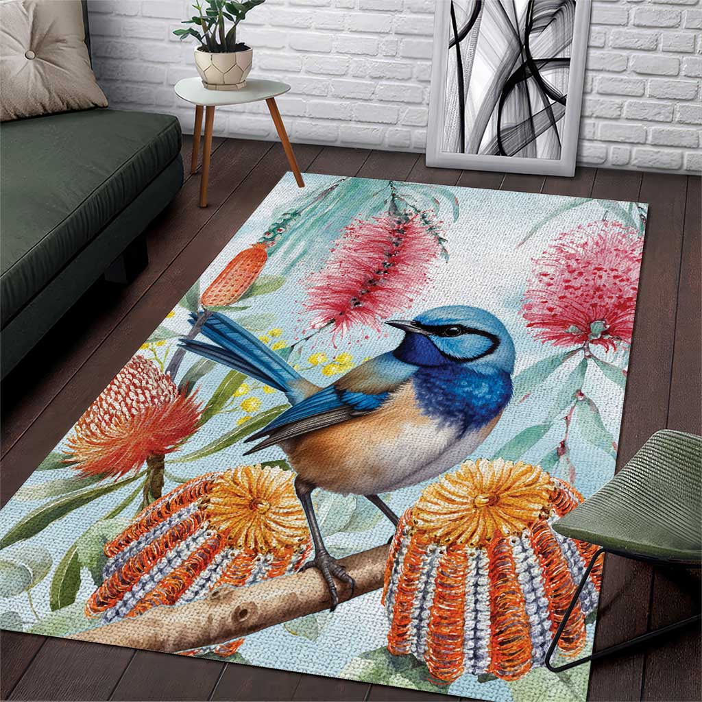 Splendid Fairy-wren Australia Area Rug Aussie National Flowers - Watercolor Style