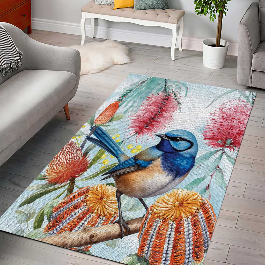 Splendid Fairy-wren Australia Area Rug Aussie National Flowers - Watercolor Style