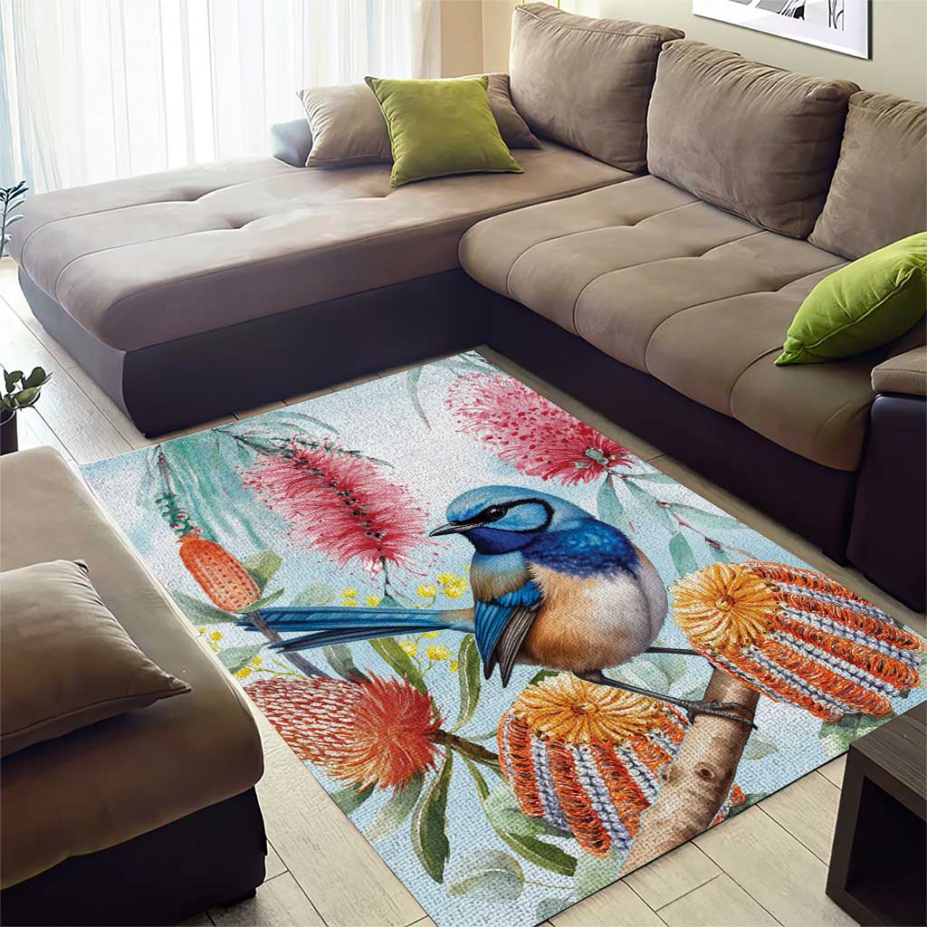 Splendid Fairy-wren Australia Area Rug Aussie National Flowers - Watercolor Style