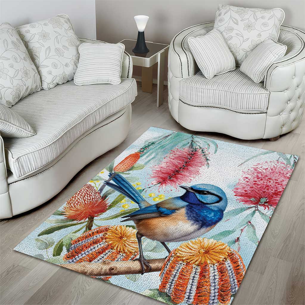 Splendid Fairy-wren Australia Area Rug Aussie National Flowers - Watercolor Style