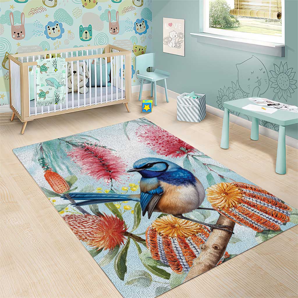 Splendid Fairy-wren Australia Area Rug Aussie National Flowers - Watercolor Style