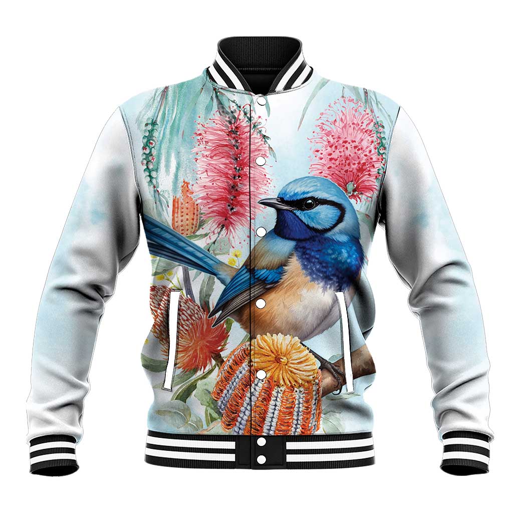 Splendid Fairy-wren Australia Baseball Jacket Aussie National Flowers - Watercolor Style