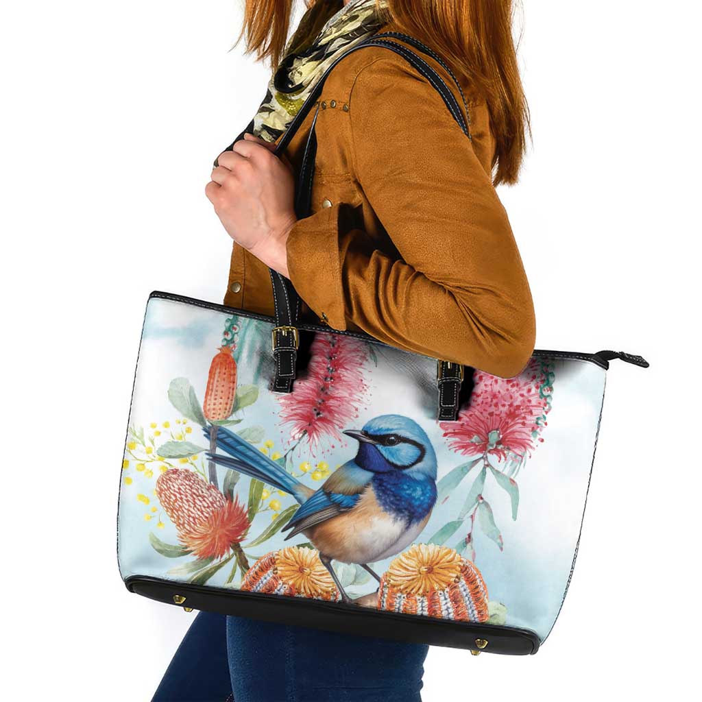 Splendid Fairy-wren Australia Leather Tote Bag Aussie National Flowers - Watercolor Style