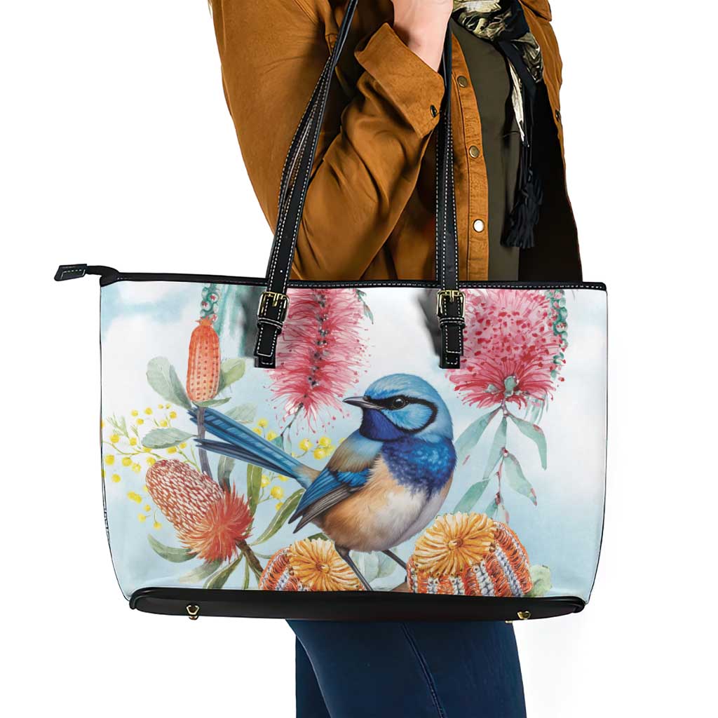 Splendid Fairy-wren Australia Leather Tote Bag Aussie National Flowers - Watercolor Style