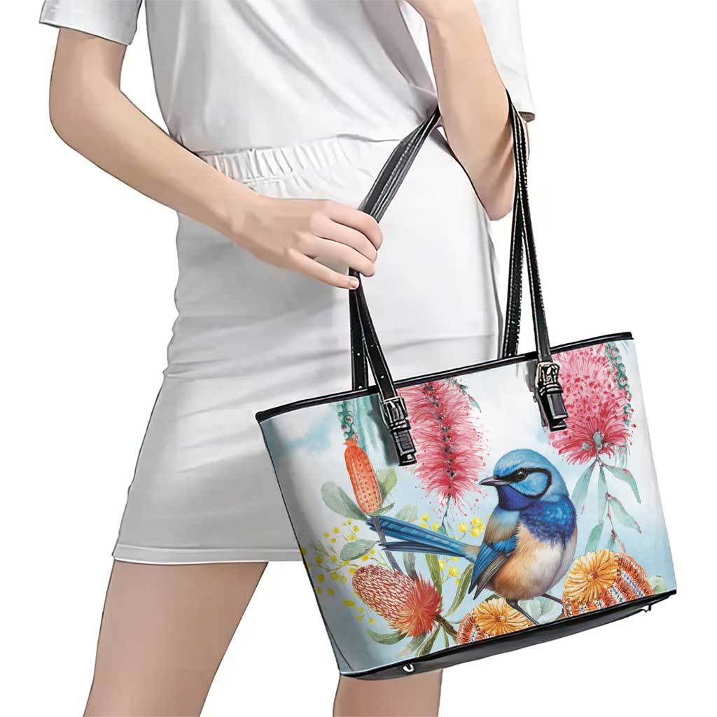 Splendid Fairy-wren Australia Leather Tote Bag Aussie National Flowers - Watercolor Style