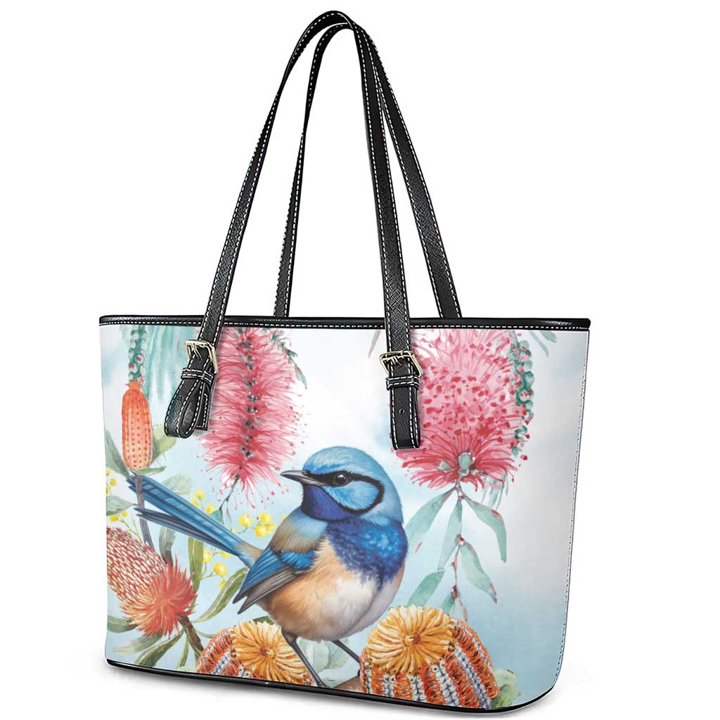 Splendid Fairy-wren Australia Leather Tote Bag Aussie National Flowers - Watercolor Style