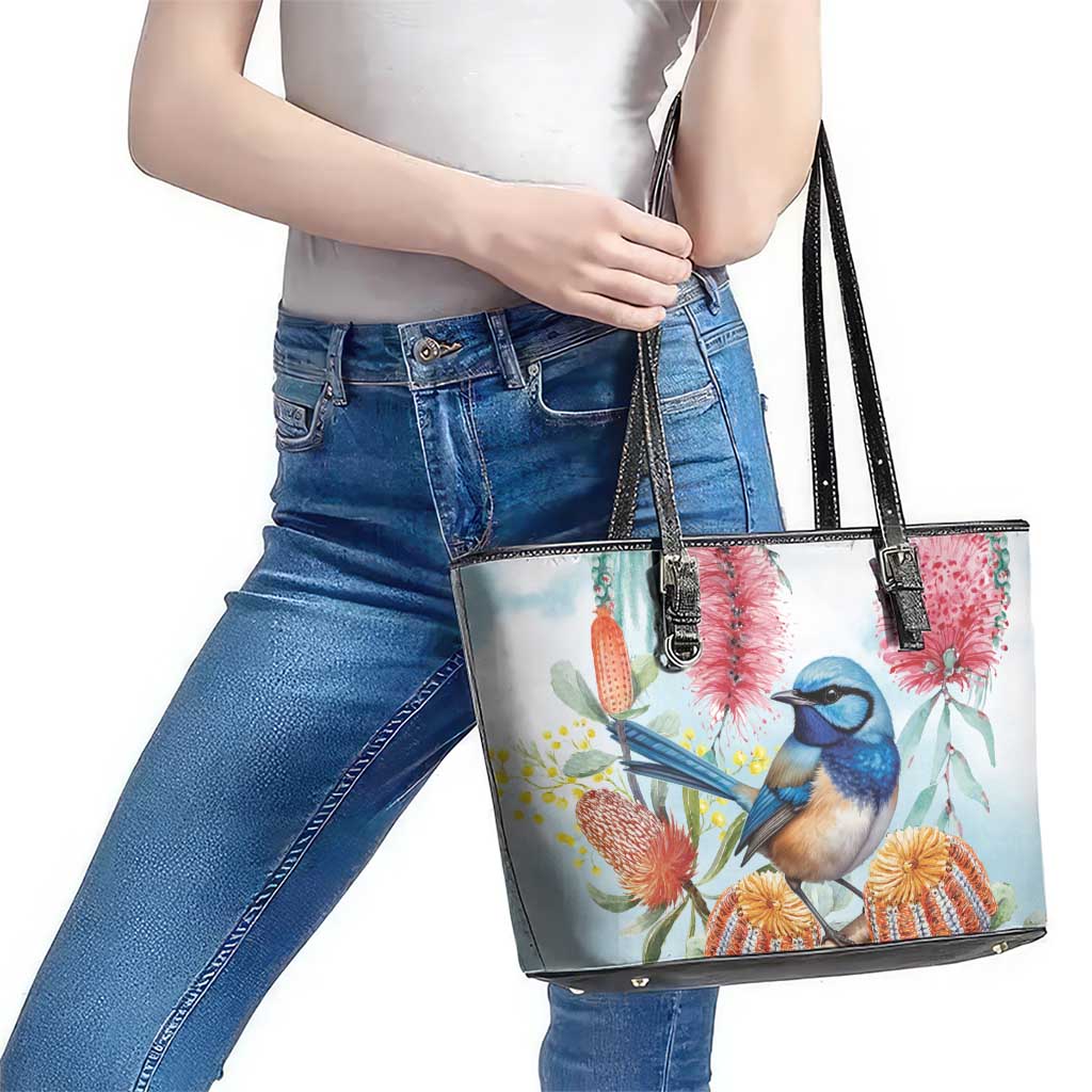 Splendid Fairy-wren Australia Leather Tote Bag Aussie National Flowers - Watercolor Style