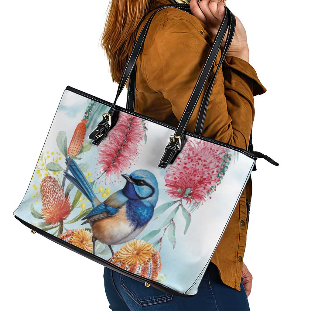 Splendid Fairy-wren Australia Leather Tote Bag Aussie National Flowers - Watercolor Style