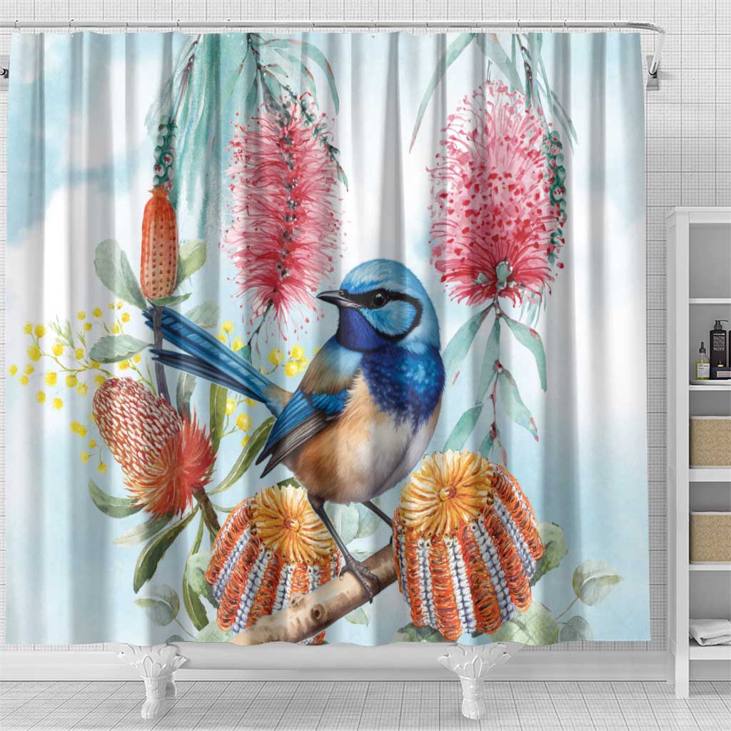 Splendid Fairy-wren Australia Shower Curtain Aussie National Flowers - Watercolor Style