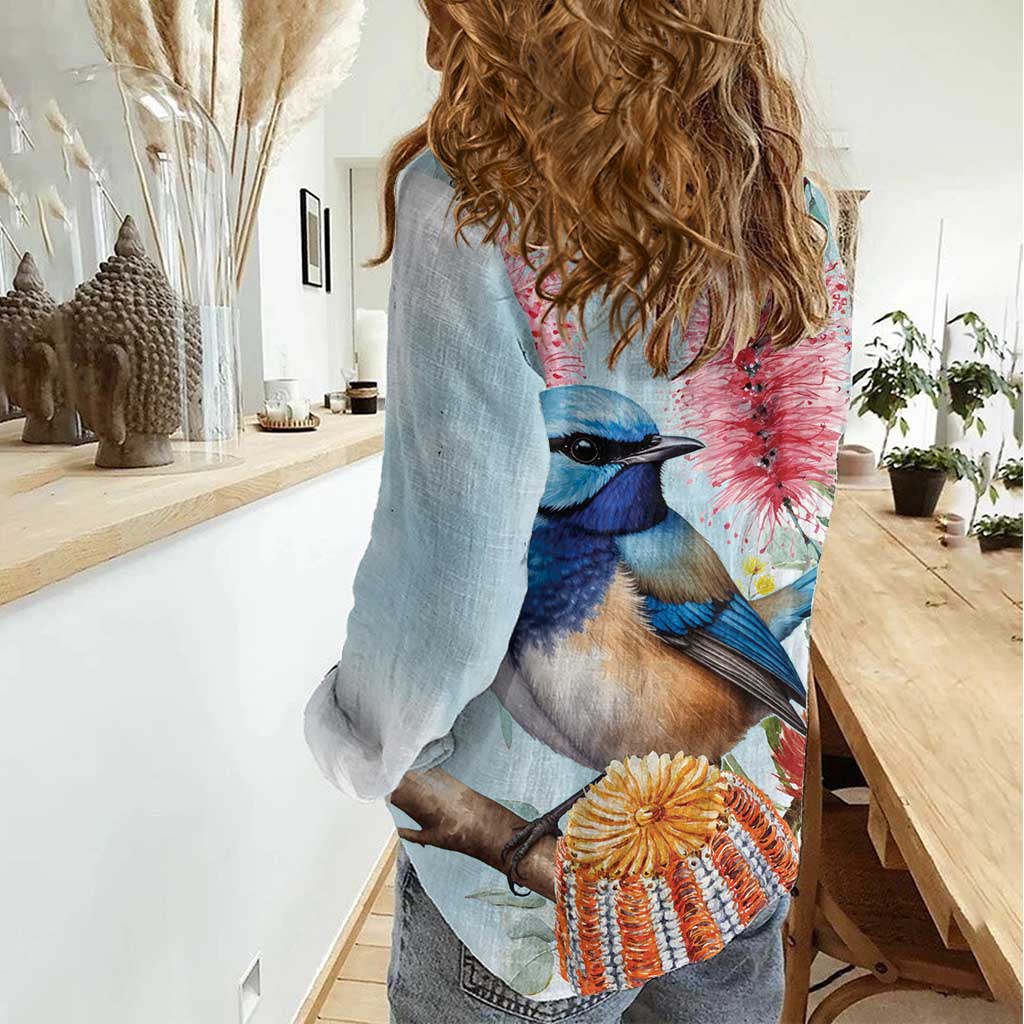 Splendid Fairy-wren Australia Women Casual Shirt Aussie National Flowers - Watercolor Style