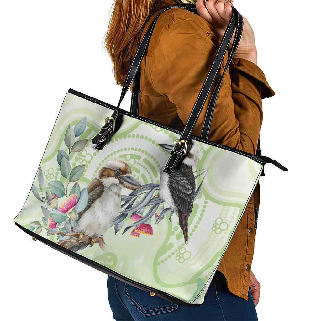 Australia Gumtree And Kookaburra Leather Tote Bag Aboriginal Art - Watercolor Style