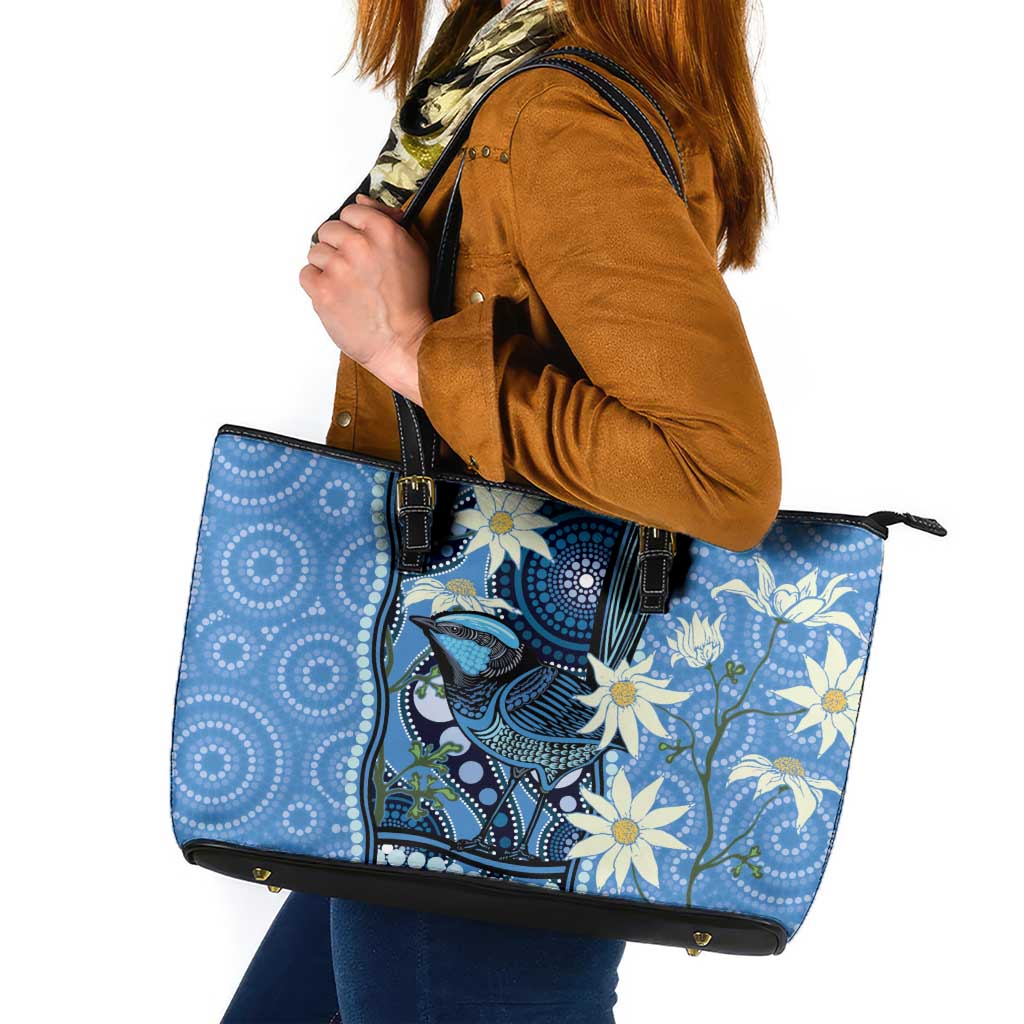 Australia Flannel Flower With Superb Fairy-wren Leather Tote Bag Aboriginal Art