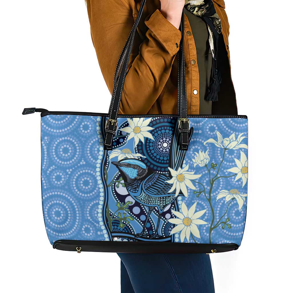 Australia Flannel Flower With Superb Fairy-wren Leather Tote Bag Aboriginal Art