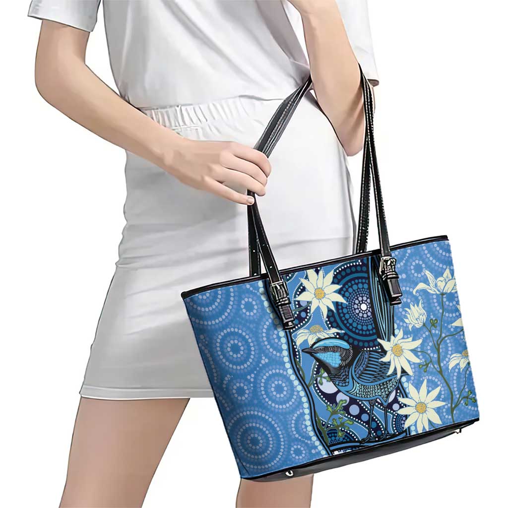 Australia Flannel Flower With Superb Fairy-wren Leather Tote Bag Aboriginal Art