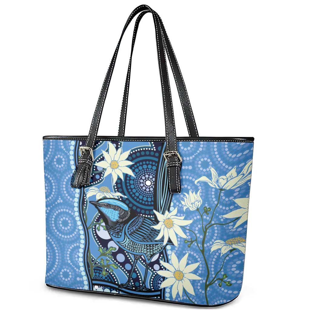 Australia Flannel Flower With Superb Fairy-wren Leather Tote Bag Aboriginal Art