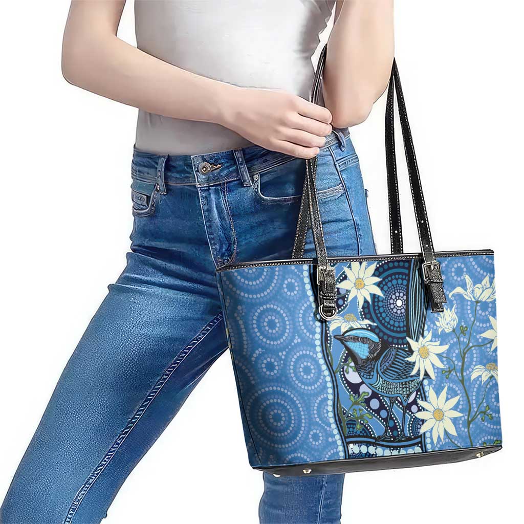 Australia Flannel Flower With Superb Fairy-wren Leather Tote Bag Aboriginal Art