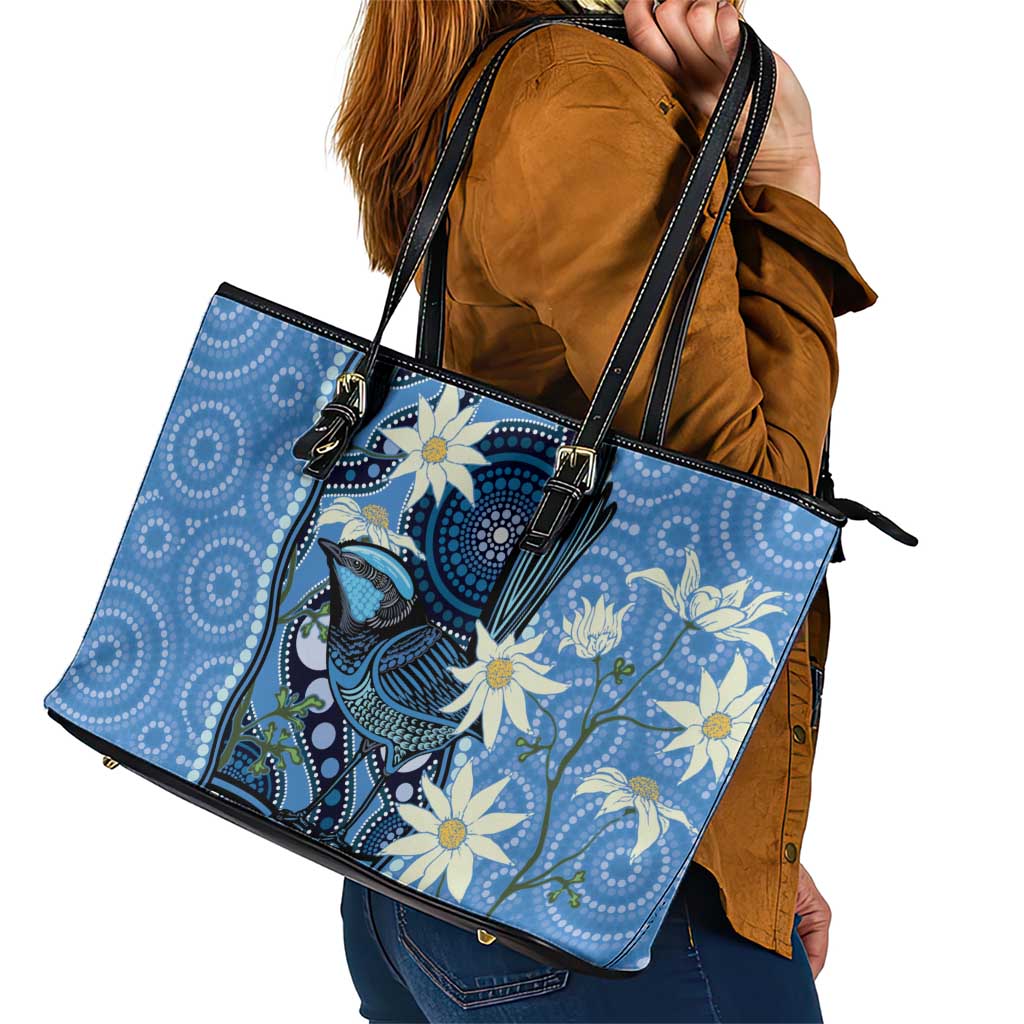 Australia Flannel Flower With Superb Fairy-wren Leather Tote Bag Aboriginal Art