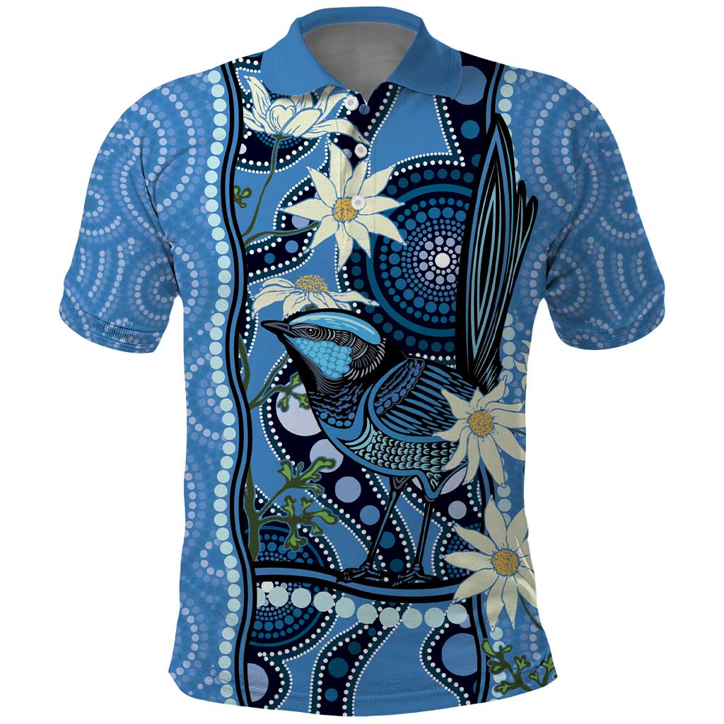 Australia Flannel Flower With Superb Fairy-wren Polo Shirt Aboriginal Art