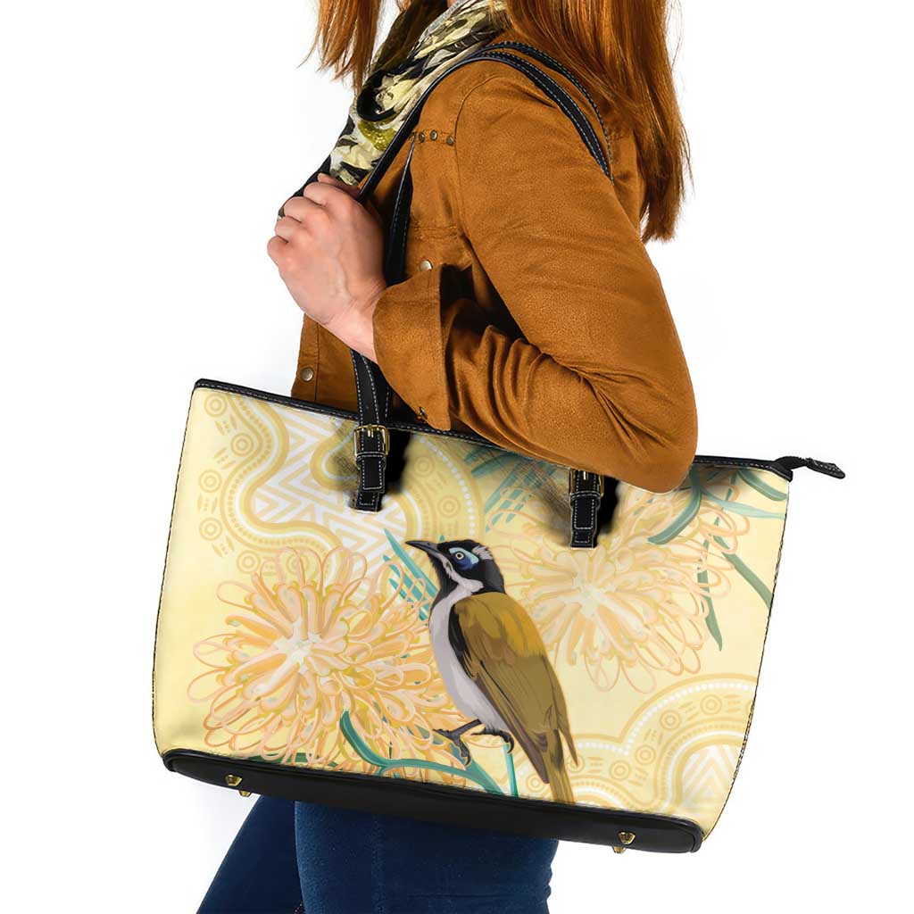 Australia Grevillea And Honeyeaters Leather Tote Bag Aboriginal Art - Watercolor Style