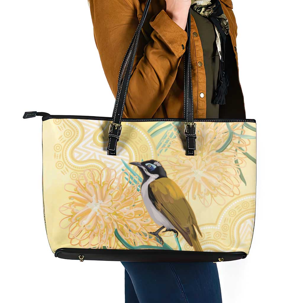 Australia Grevillea And Honeyeaters Leather Tote Bag Aboriginal Art - Watercolor Style