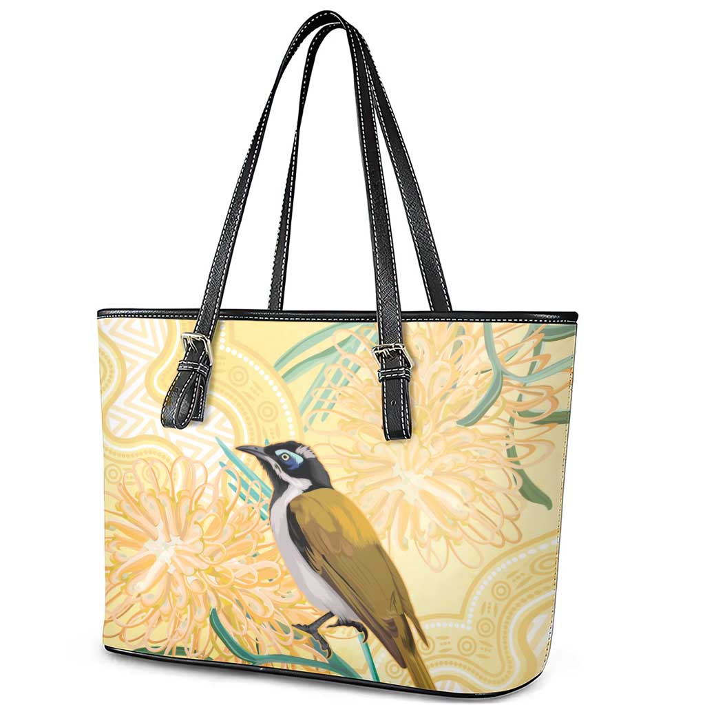 Australia Grevillea And Honeyeaters Leather Tote Bag Aboriginal Art - Watercolor Style