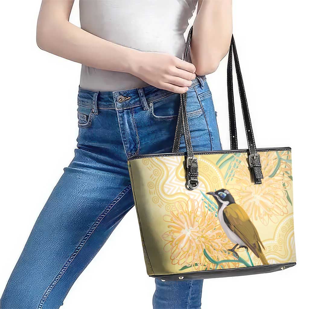 Australia Grevillea And Honeyeaters Leather Tote Bag Aboriginal Art - Watercolor Style