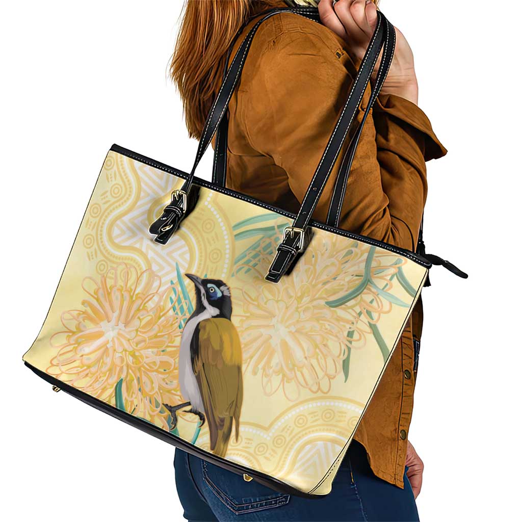 Australia Grevillea And Honeyeaters Leather Tote Bag Aboriginal Art - Watercolor Style