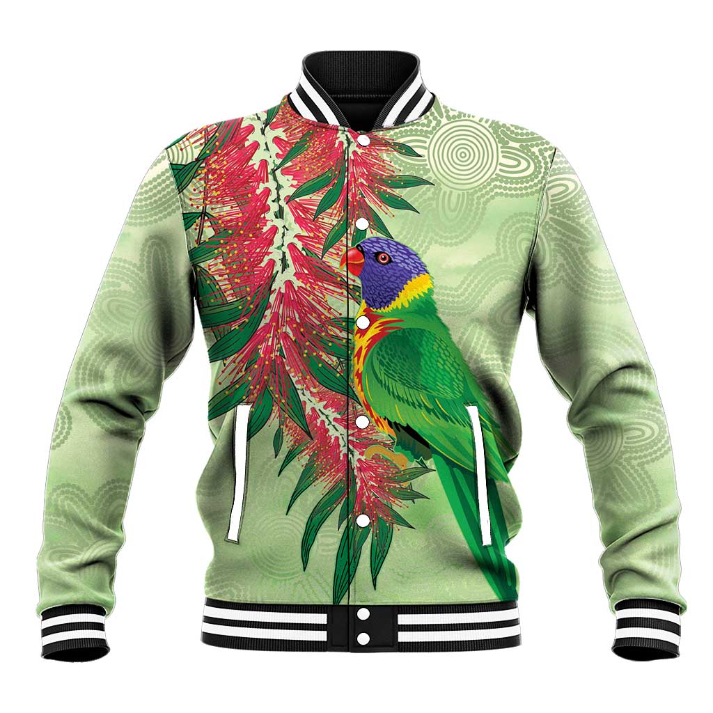 Australia Bottlebrush And Lorikeets Baseball Jacket Aboriginal Art - Watercolor Style