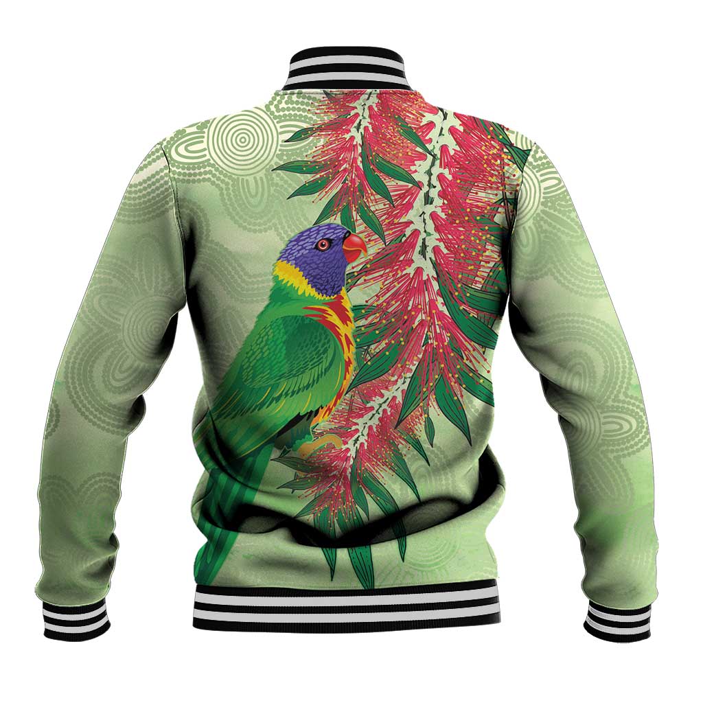 Australia Bottlebrush And Lorikeets Baseball Jacket Aboriginal Art - Watercolor Style