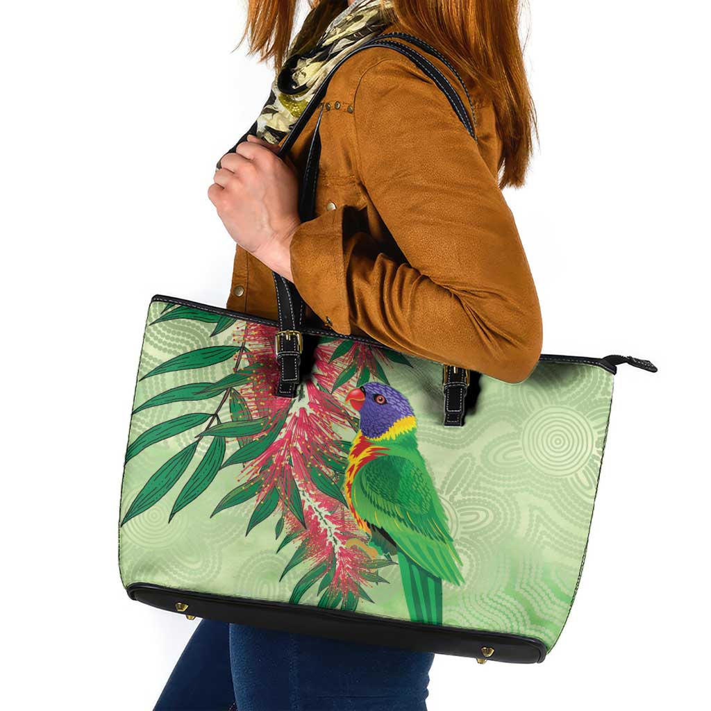 Australia Bottlebrush And Lorikeets Leather Tote Bag Aboriginal Art - Watercolor Style