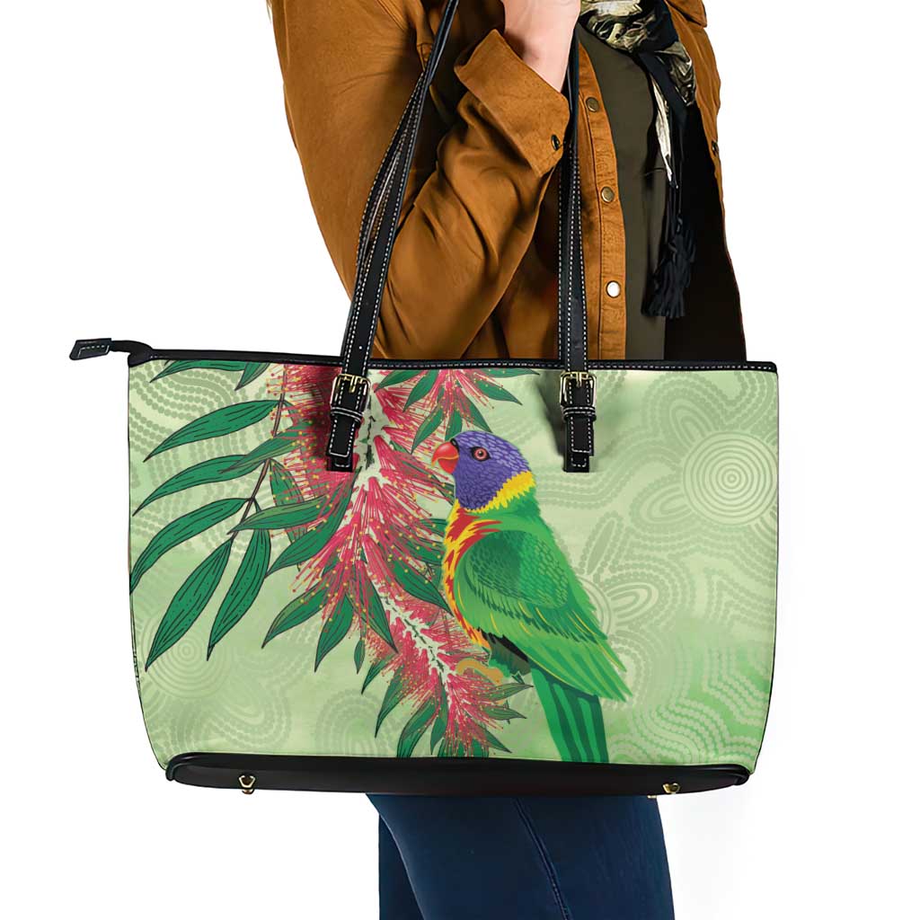 Australia Bottlebrush And Lorikeets Leather Tote Bag Aboriginal Art - Watercolor Style