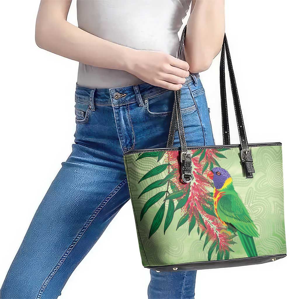 Australia Bottlebrush And Lorikeets Leather Tote Bag Aboriginal Art - Watercolor Style