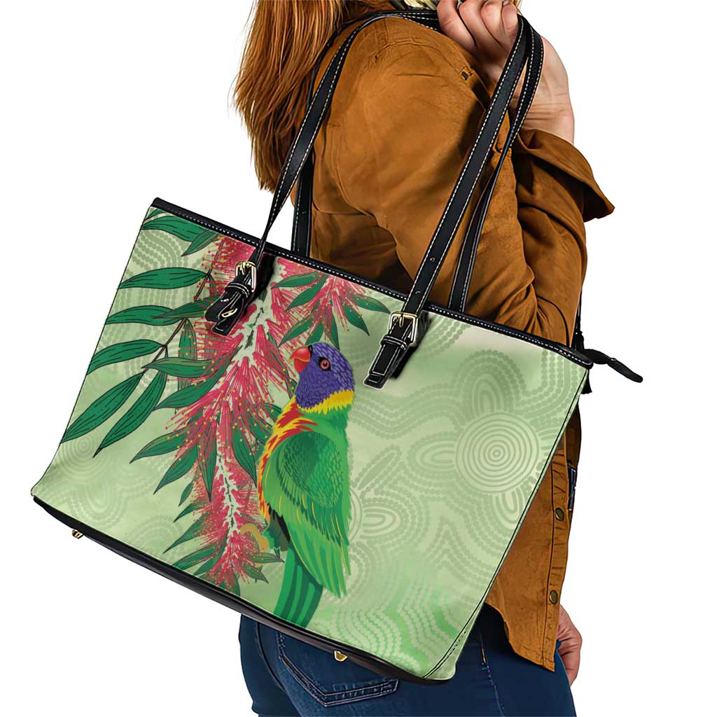 Australia Bottlebrush And Lorikeets Leather Tote Bag Aboriginal Art - Watercolor Style