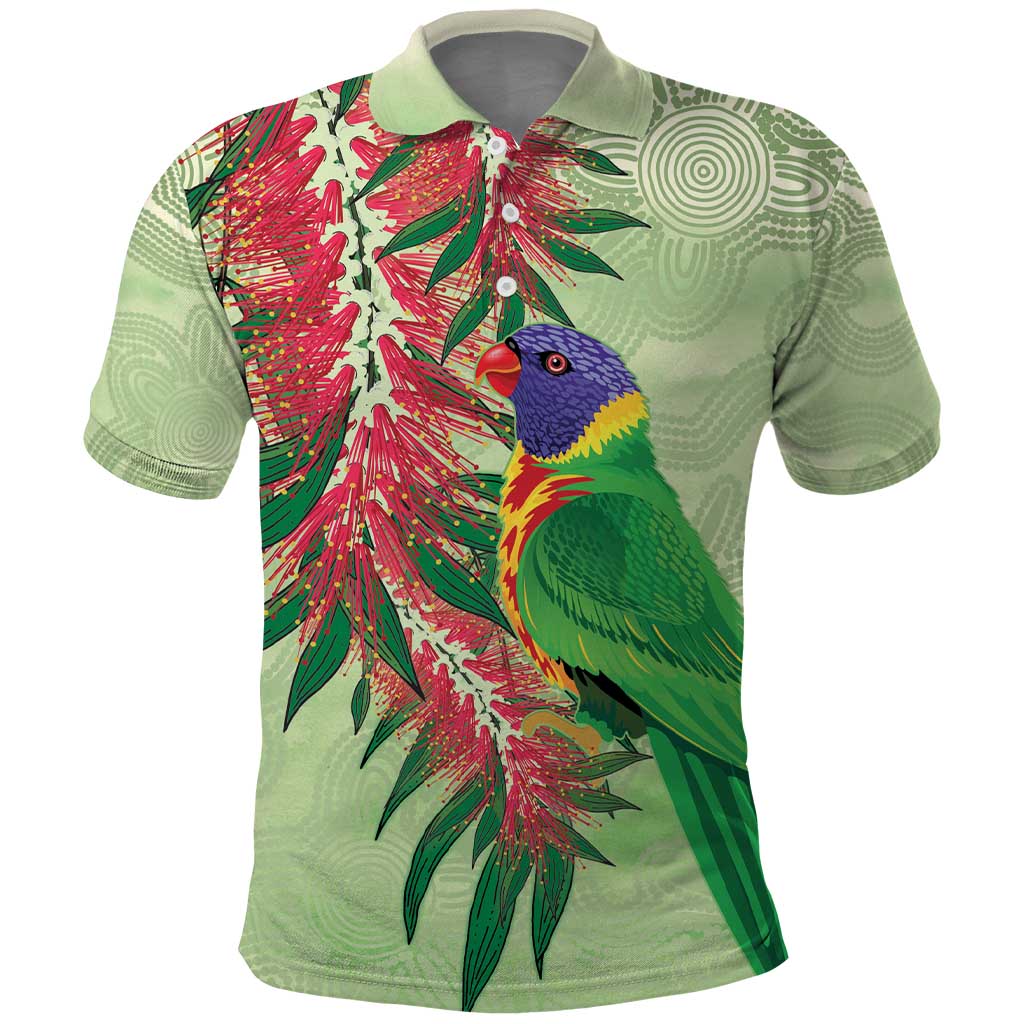 Australia Bottlebrush And Lorikeets Polo Shirt Aboriginal Art - Watercolor Style