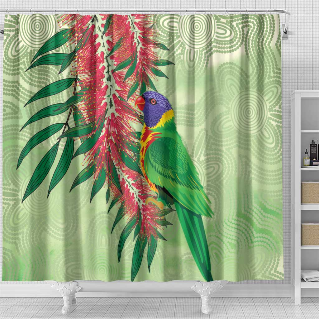Australia Bottlebrush And Lorikeets Shower Curtain Aboriginal Art - Watercolor Style