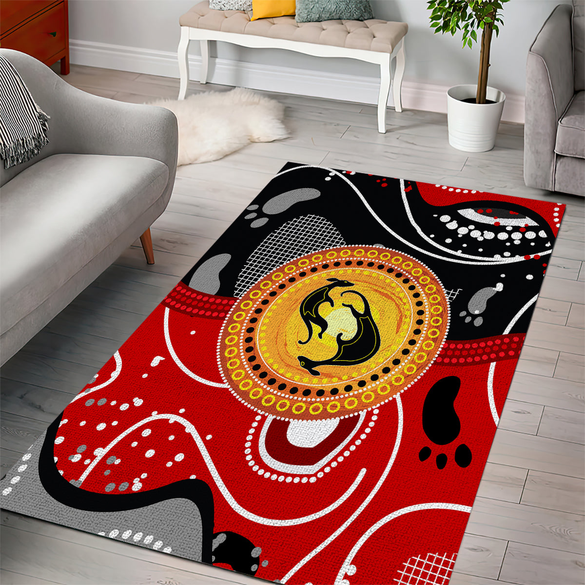 Aboriginal Flag Style Dot Art And Abstract Kangaroo Area Rug