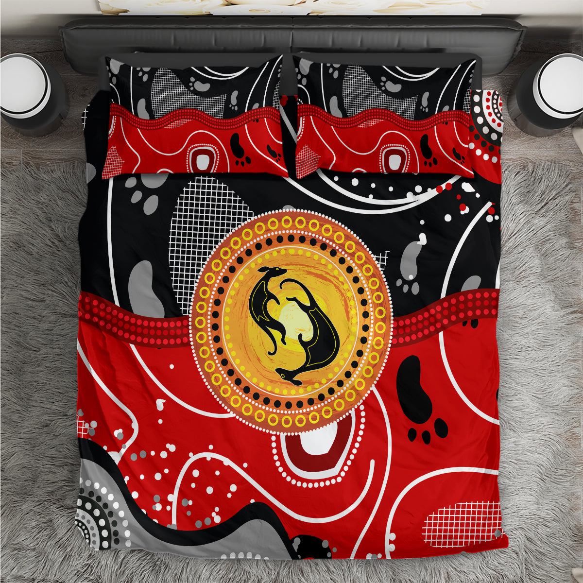 Aboriginal Flag Style Dot Art And Abstract Kangaroo Bedding Set