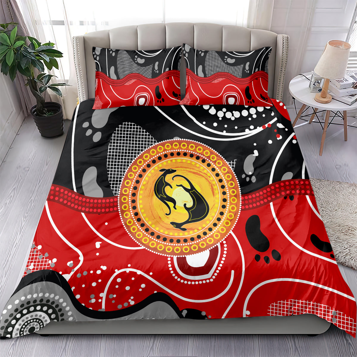 Aboriginal Flag Style Dot Art And Abstract Kangaroo Bedding Set