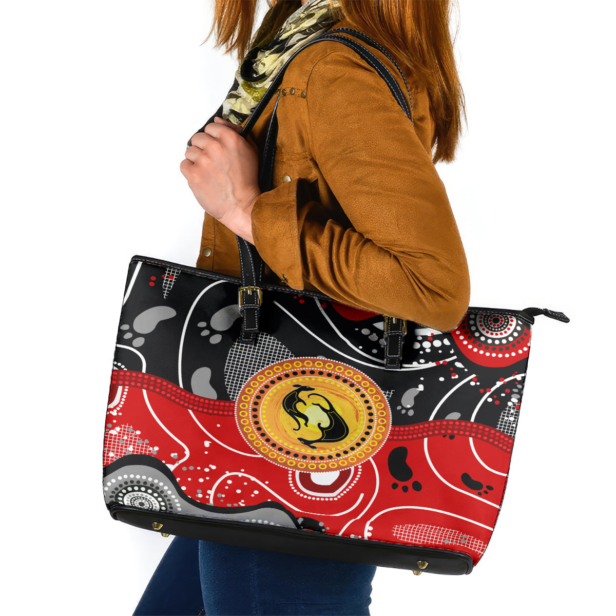 Aboriginal Flag Style Dot Art And Abstract Kangaroo Leather Tote Bag