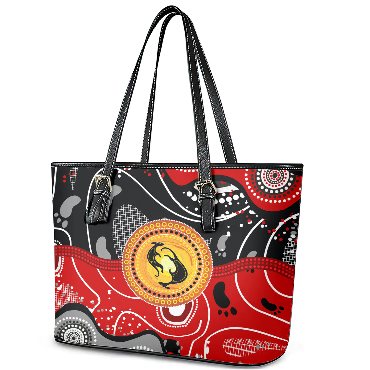 Aboriginal Flag Style Dot Art And Abstract Kangaroo Leather Tote Bag