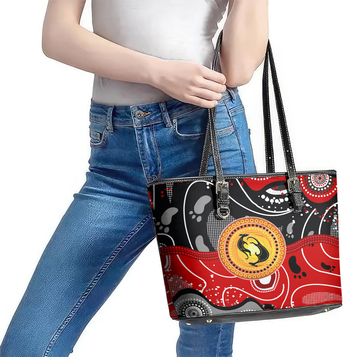 Aboriginal Flag Style Dot Art And Abstract Kangaroo Leather Tote Bag