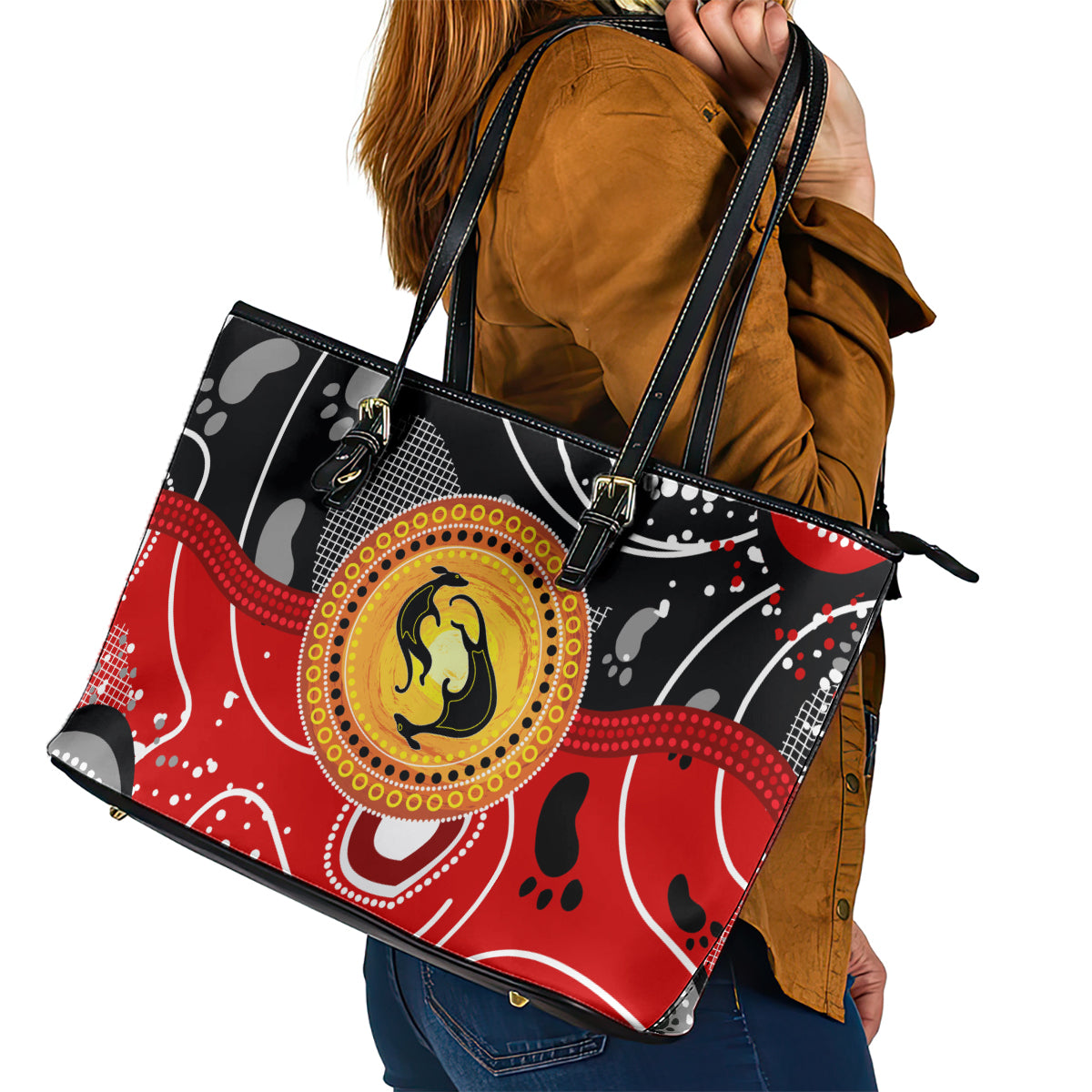 Aboriginal Flag Style Dot Art And Abstract Kangaroo Leather Tote Bag